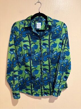 Vintage Brooks Brothers Abstract Swamp Green & Blue Floral Button Up, size 2